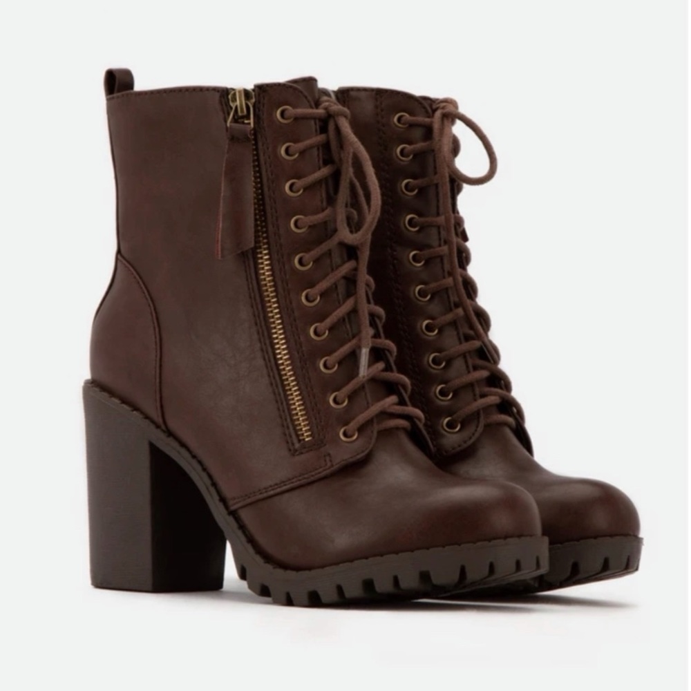 Brown Lace Up High Chunky Heel Combat Boots - Picture 3 of 8
